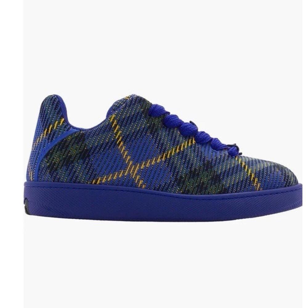 NIB BURBERRY BOX NAVY BLUE CHECK CANVAS LOGO PLATFORM SNEAKERS 11 US 44 ITALY - Picture 6 of 16
